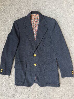 Vintage 70s Johnny Carson Blazer Navy Gold Button Paisley Lining - Sz. 38R -VGUC